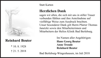Traueranzeige von Reinhard Beuter von Siegener Zeitung