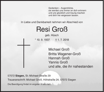 Traueranzeige von Resi Groß von Siegener Zeitung
