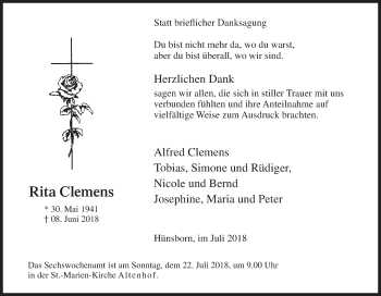 Traueranzeige von Rita Clemens von Siegener Zeitung