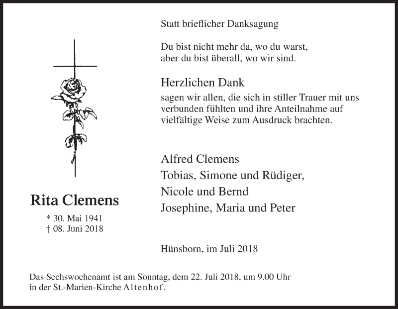  Traueranzeige für Rita Clemens vom 16.07.2018 aus Siegener Zeitung
