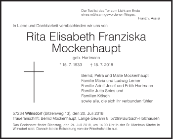 Traueranzeige von Rita Elisabeth Franziska Mockenhaupt von Siegener Zeitung