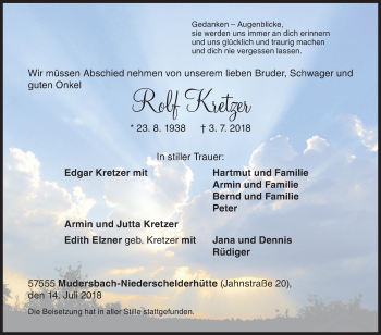 Traueranzeige von Rolf Kretzer von Siegener Zeitung
