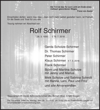 Traueranzeige von Rolf Schirmer von Siegener Zeitung