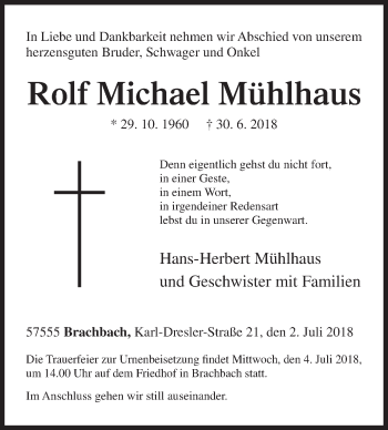 Traueranzeige von Rolf Michael Mühlhaus von Siegener Zeitung
