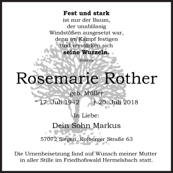 Traueranzeige von Rosemarie Rother von Siegener Zeitung