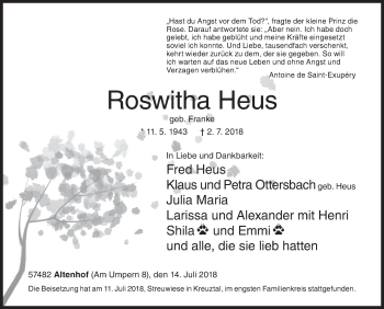 Traueranzeige von Roswitha Heus von Siegener Zeitung