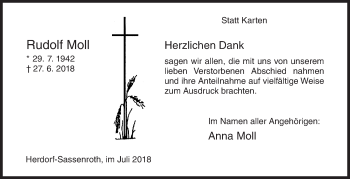 Traueranzeige von Rudolf Moll von Siegener Zeitung