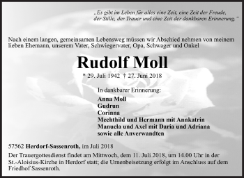 Traueranzeige von Rudolf Moll von Siegener Zeitung