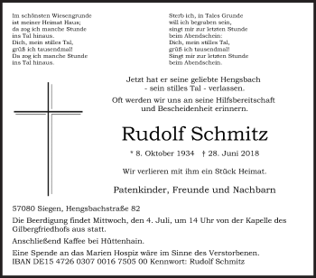 Traueranzeige von Rudolf Schmitz von Siegener Zeitung