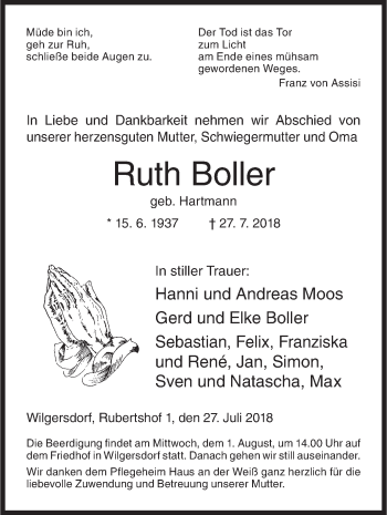 Traueranzeige von Ruth Boller von Siegener Zeitung