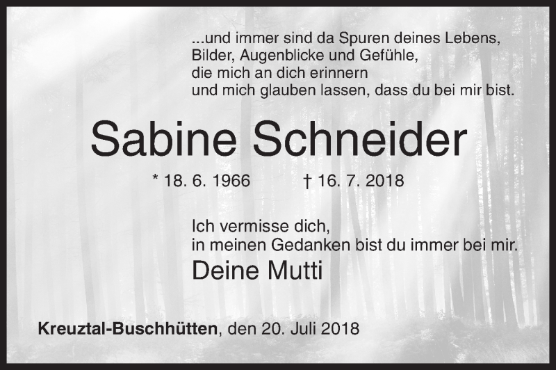  Traueranzeige für Sabine Schneider vom 20.07.2018 aus Siegener Zeitung