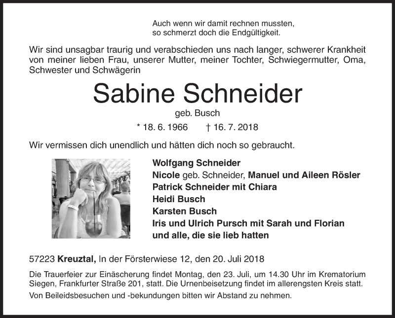  Traueranzeige für Sabine Schneider vom 20.07.2018 aus Siegener Zeitung
