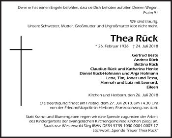Traueranzeige von Thea Rück von Siegener Zeitung