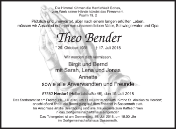 Traueranzeige von Theo Bender von Siegener Zeitung