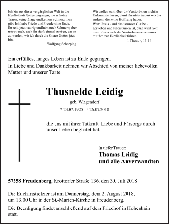 Traueranzeige von Thusnelde Leidig von Siegener Zeitung