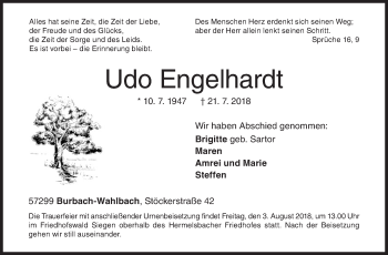 Traueranzeige von Udo Engelhardt von Siegener Zeitung