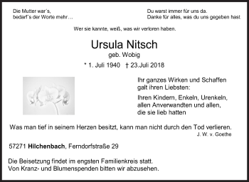 Traueranzeige von Ursula Nitsch von Siegener Zeitung