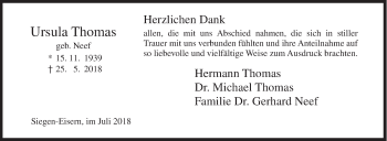 Traueranzeige von Ursula Thomas von Siegener Zeitung