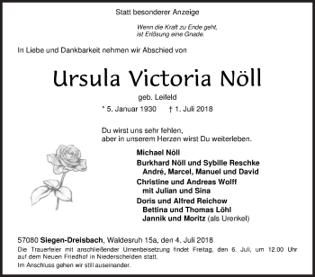 Traueranzeige von Ursula Victoria Nöll von Siegener Zeitung