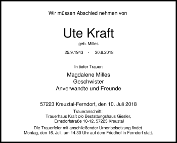 Traueranzeige von Ute Kraft von Siegener Zeitung