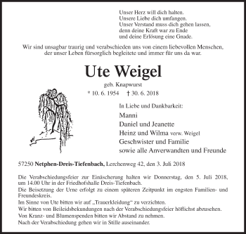 Traueranzeige von Ute Weigel von Siegener Zeitung