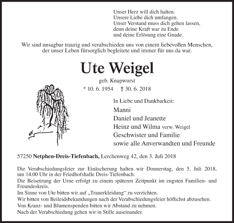  Traueranzeige für Ute Weigel vom 03.07.2018 aus Siegener Zeitung