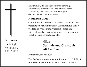 Traueranzeige von Vinzenz Kinkel von Siegener Zeitung