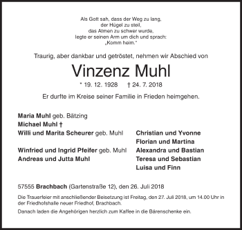 Traueranzeige von Vinzenz Muhl von Siegener Zeitung