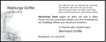 Traueranzeige von Walburga Griffel von Siegener Zeitung