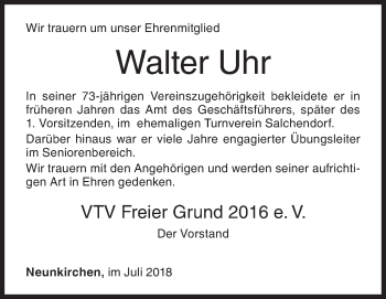 Traueranzeige von Walter Uhr von Siegener Zeitung