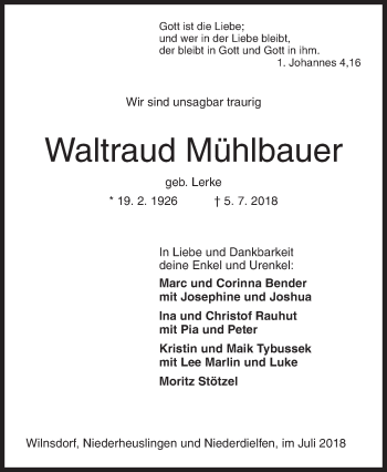 Traueranzeige von Waltraud Mühlbauer von Siegener Zeitung