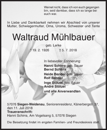 Traueranzeige von Waltraud Mühlbauer von Siegener Zeitung