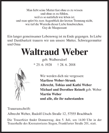 Traueranzeige von Waltraud Weber von Siegener Zeitung