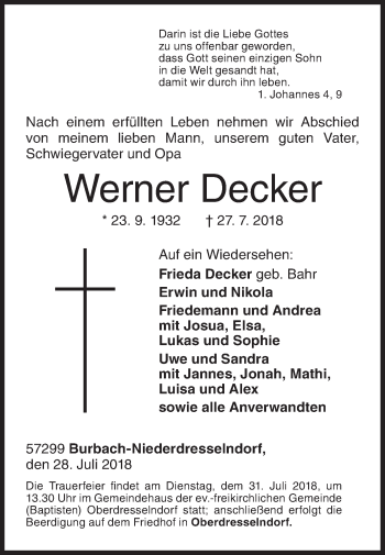 Traueranzeige von Werner Decker von Siegener Zeitung