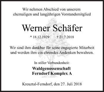 Traueranzeige von Werner Schäfer von Siegener Zeitung