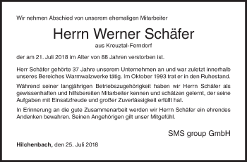 Traueranzeige von Werner Schäfer von Siegener Zeitung