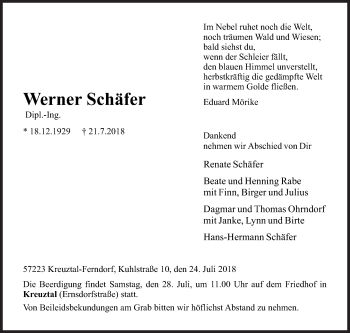 Traueranzeige von Werner Schäfer von Siegener Zeitung