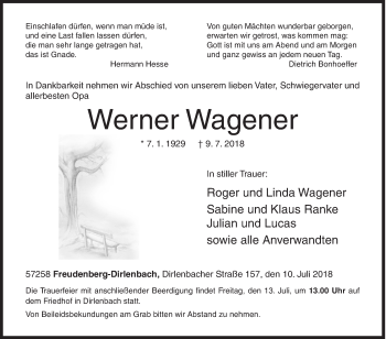 Traueranzeige von Werner Wagener von Siegener Zeitung