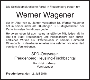 Traueranzeige von Werner Wagener von Siegener Zeitung