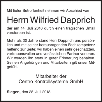 Traueranzeige von Wilfried Dapprich von Siegener Zeitung