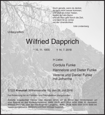 Traueranzeige von Wilfried Dapprich von Siegener Zeitung