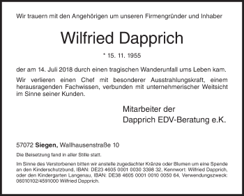 Traueranzeige von Wilfried Dapprich von Siegener Zeitung