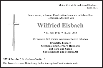Traueranzeige von Wilfried Eisbach von Siegener Zeitung