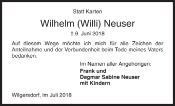 Traueranzeige von Wilhelm Neuser von Siegener Zeitung