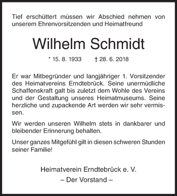 Traueranzeige von Wilhelm Schmidt von Siegener Zeitung