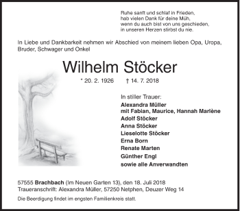 Traueranzeige von Wilhelm Stöcker von Siegener Zeitung