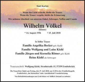 Traueranzeige von Wilhelm Völkel von Siegener Zeitung