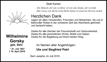 Traueranzeige von Wilhelmine Gorsky von Siegener Zeitung