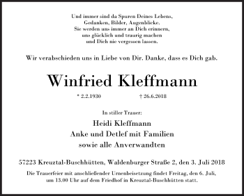 Traueranzeige von Winfried Kleffmann von Siegener Zeitung