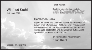 Traueranzeige von Winfried Krahl von Siegener Zeitung